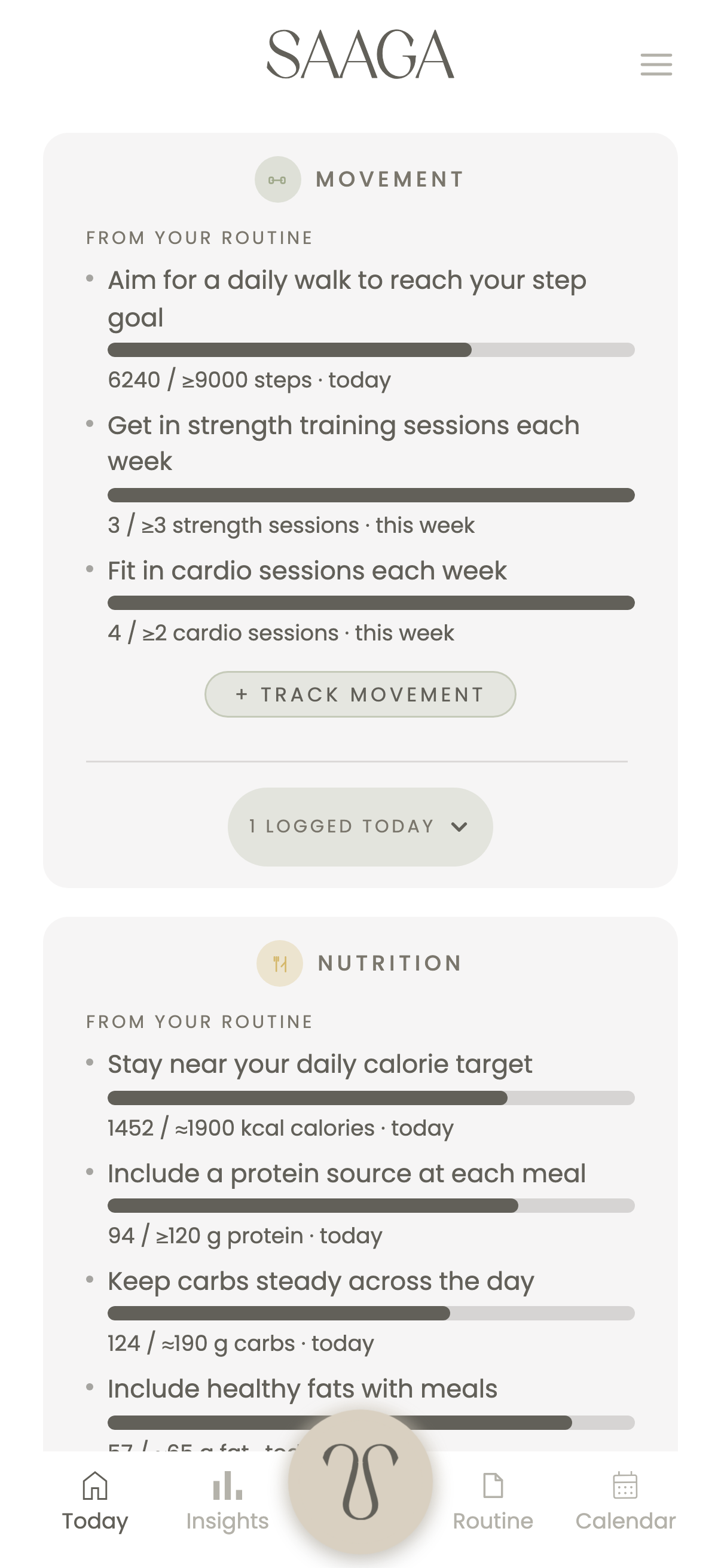 The SAAGA app Home screen: the Movement and Nutrition cards, each headed From your routine, with the protocol lines Dr. Elena Rossi wrote and a progress bar under each — 6,240 of 9,000 steps, 3 of 3 strength sessions, 94 of 120 g protein