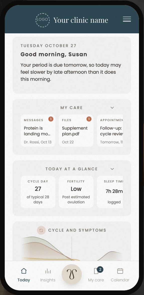 The patient app's Home in the clinic's name: the greeting, messages, files and appointments from the clinic, and today at a glance