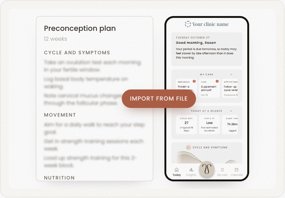 A preconception plan written as a document beside the patient app, where it arrives as the patient's daily plan