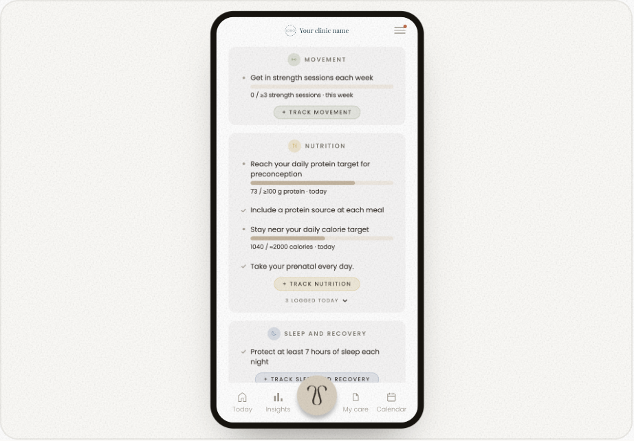 The patient app's Today screen: movement, nutrition and sleep, each protocol line with its progress bar and a Track button