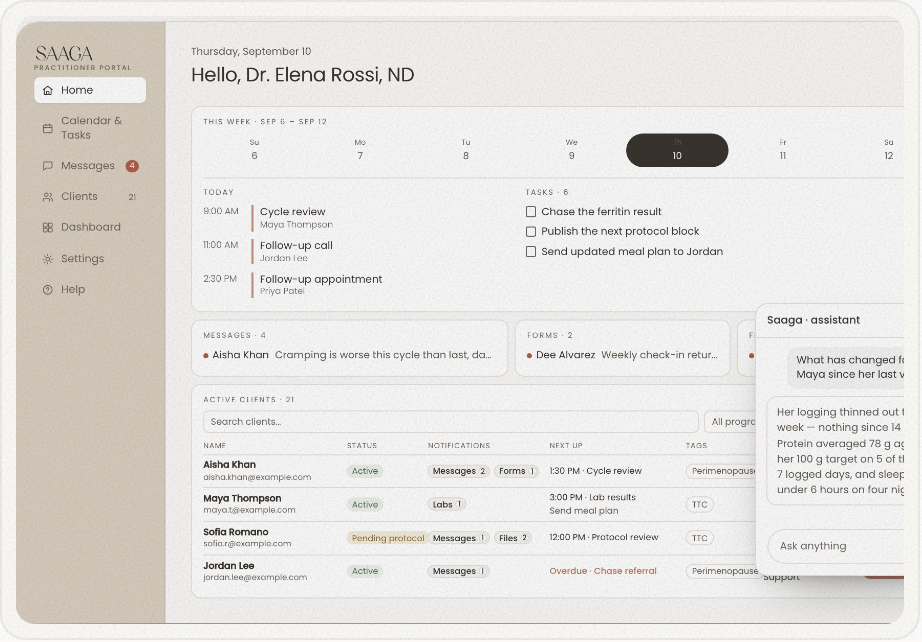 The practitioner workspace home: the week's appointments, tasks, messages and forms, with the AI assistant open