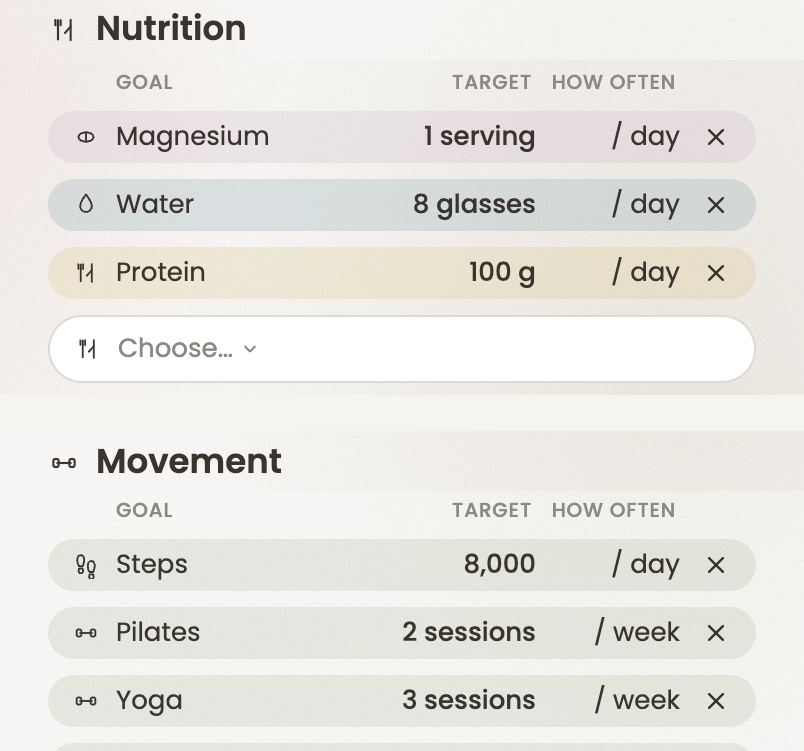 SAAGA routine settings: nutrition and movement goals, each with a target and how often, such as protein 100 g a day and Pilates twice a week