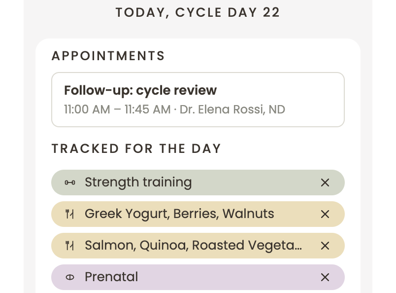 SAAGA calendar, today: a follow-up appointment, and everything tracked that day, a strength session, two meals and the prenatal